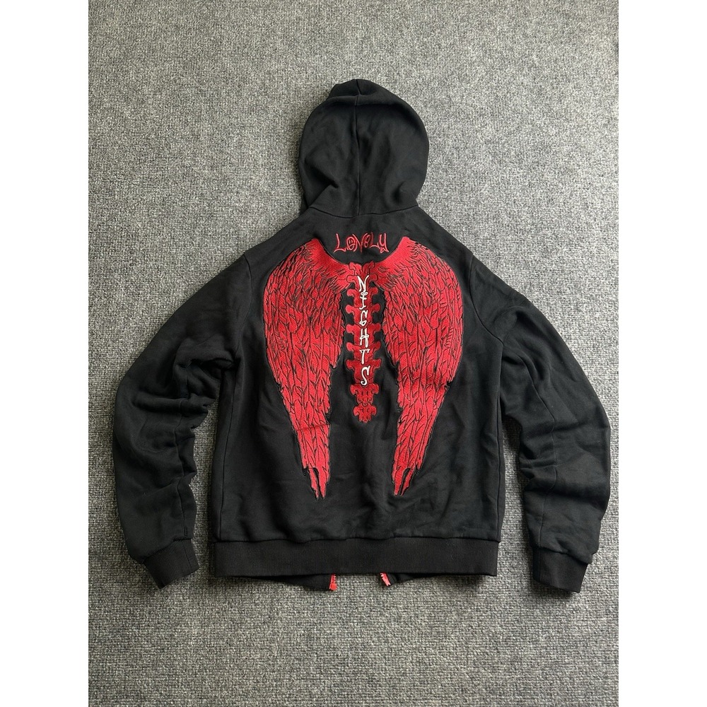Mens Lonely Nights Black Hoodie Red Wings Embroidered NO ZIPPER, Size S